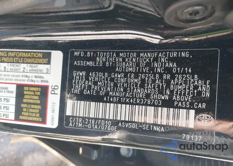 2014 Toyota Camry Le from USA, damaged, VIN 4T4BF1FK4ER378703